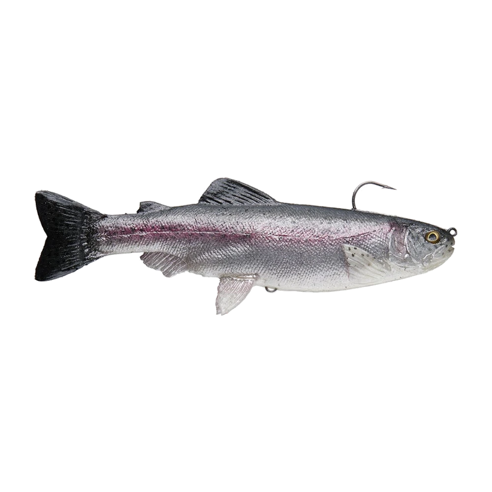 Mattlures Hammer Tail Trout, swimbait souple truite arc-en-ciel au dos gris moucheté, flancs argentés, bande latérale rose, ventre blanc, queue et nageoires noires, gros hameçon simple sortant du dos, anneau de tête et petit anneau ventral sans aucun triple monté