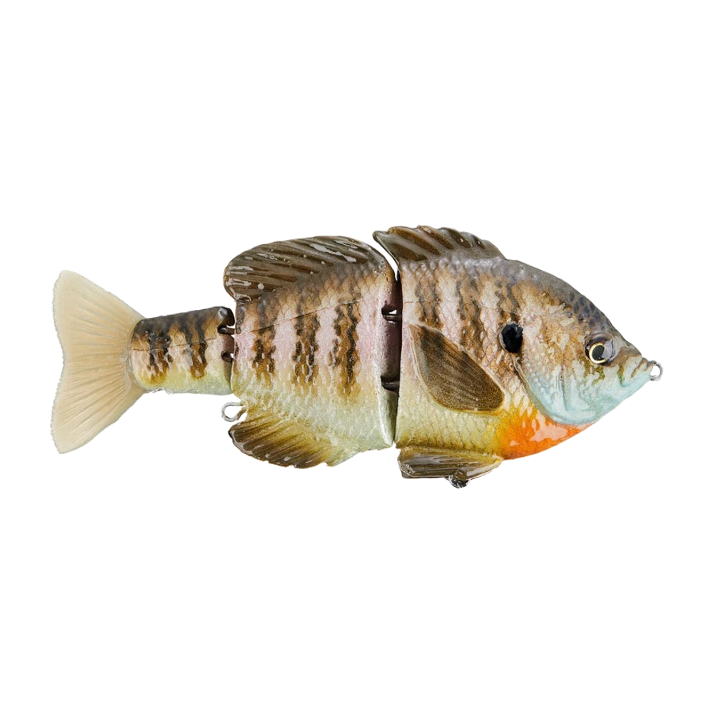Mattlures Magnum Hardgill, swimbait articulé en trois sections au patron bluegill, flancs barrés de brun et de vert, joue bleutée, tache orange sous la gorge, opercule noir, nageoire caudale souple couleur crème, anneau de nez et deux porte-hameçons ventraux sans aucun triple monté
