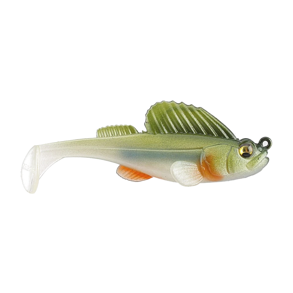 Megabass Dark Sleeper, swimbait souple au profil de gobie, dos vert olive pailleté, flancs bleutés, ventre blanc, nageoires pectorales orange et blanches, œil doré, grande nageoire dorsale souple qui recouvre entièrement l'hameçon, anneau de tête saillant, queue paddle blanche
