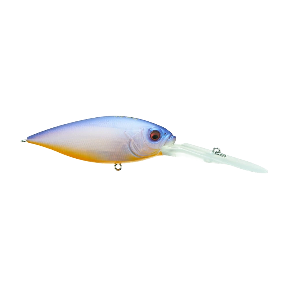 Megabass Deep-Six de profil, dos bleu lavande, flancs nacrés et ventre orange, œil rouge, très longue bavette translucide, leurre photographié nu sans triples