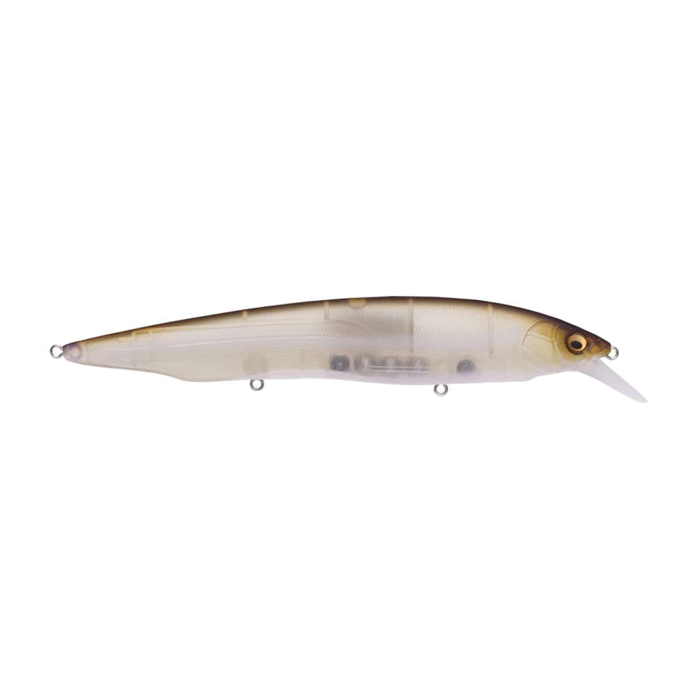 Megabass Kanata de profil, long corps élancé translucide nacré au dos olive brun, billes du système de transfert de masse visibles par transparence, œil doré, courte bavette translucide, trois anneaux nus sans triples montés
