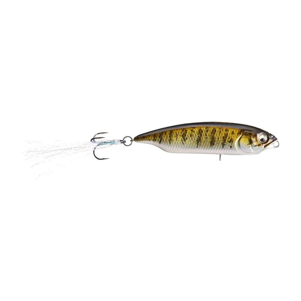 Megabass Karashi Twitch Bait de profil, dos sombre, flancs dorés mouchetés et ventre blanc nacré, corps sans bavette, un seul triple habillé de fibres blanches à l'arrière et porte-hameçon ventral laissé vide