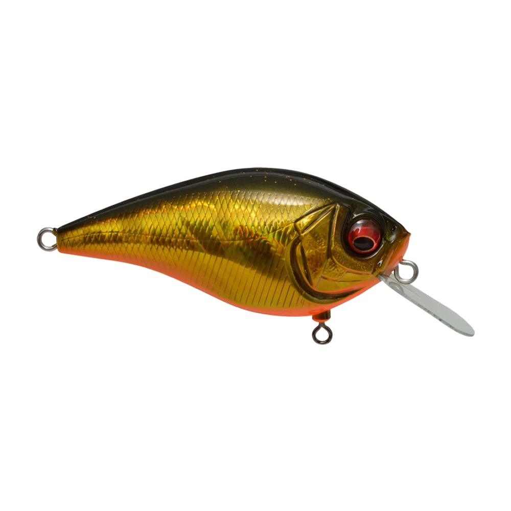 Megabass Knuckle LD di profilo, corpo alto e compresso, dorso nero, fianchi oro metallizzato scagliati, ventre arancione, occhio rosso, paletta sottile traslucida, fotografato nudo senza alcun amo e con una girella visibile sotto il ventre