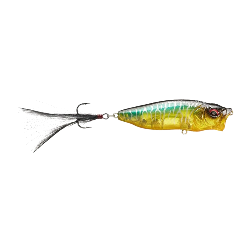 Megabass Pop Max de profil, bouche creusée, corps translucide ambré à barres vertes et jaunes, dos sombre et flancs chrome, œil rouge, un seul triple arrière habillé de plumes noires et blanches, porte-hameçon ventral vide