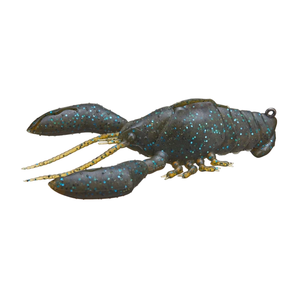 Megabass Sleeper Craw de profil, écrevisse souple vert-brun sombre à paillettes bleues et vertes, pinces ouvertes, antennes et pattes ambrées mouchetées, carapace nervurée, petit anneau métallique sortant à l'extrémité de la queue