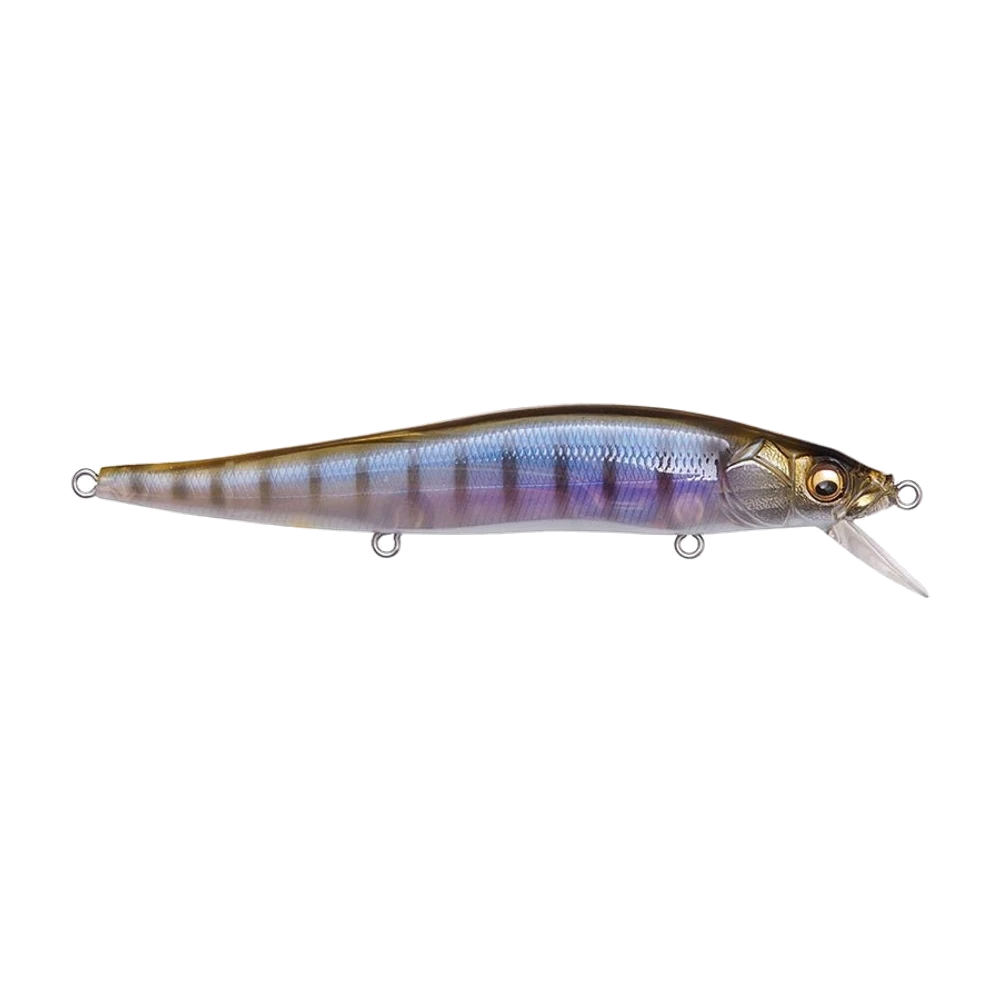 Megabass Vision 110 finition translucide dos brun et flancs argentés à reflets violets, jerkbait suspending