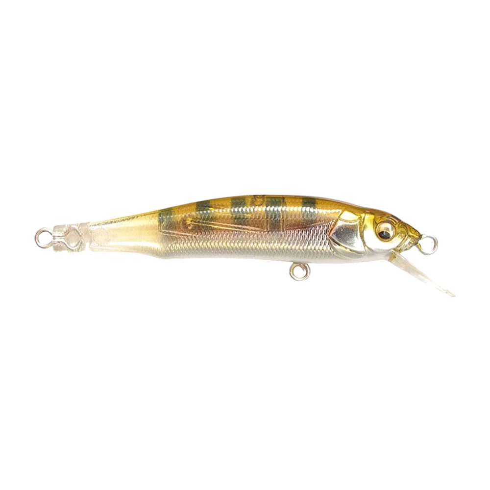 Megabass X-70 BFS Jerkbait photographié nu, sans triples montés, corps translucide ambré à flanc argenté écaillé, dos barré d'olive, fine bavette transparente