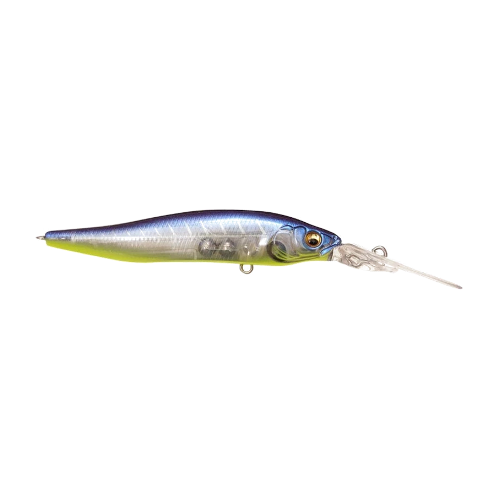 Megabass X-Nanahan +2 Jerkbait photographié nu, sans hameçons montés, dos bleu nuit, flanc argenté translucide laissant voir la structure interne du corps, ventre chartreuse et longue bavette transparente sculptée