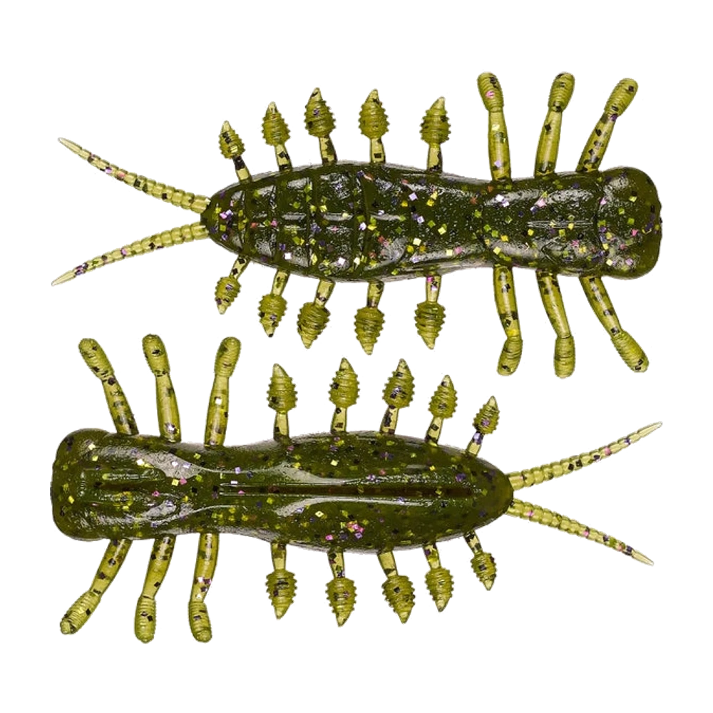 Deux Megabass Yagot vus de dos et de ventre, corps aplati vert olive pailleté or, violet et rose, bordé de pattes annelées sur toute sa longueur et terminé par deux longs filaments effilés
