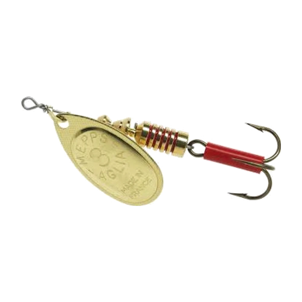 Mepps Aglia #3 in a gold finish, with a red-dressed treble hook