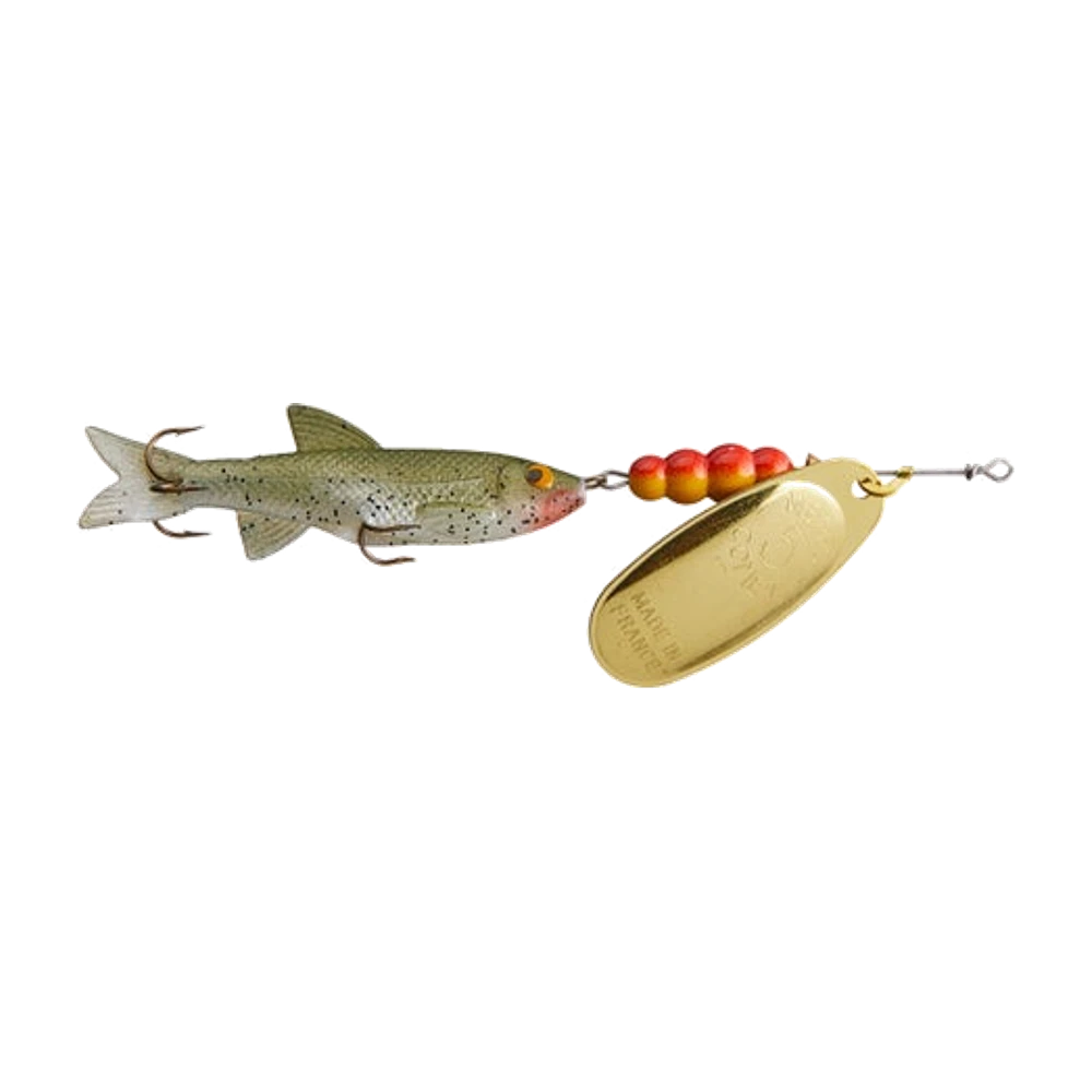 Mepps Comet, cuillère tournante à palette dorée avec corps poisson façon vairon et perles rouges devant l'hameçon