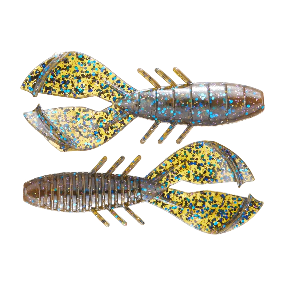 Deux Missile Baits Chunky D nus posés à plat, corps fumé translucide à paillettes bleues et violettes, larges palettes jaune doré fortement pailletées, trois paires de pattes fines