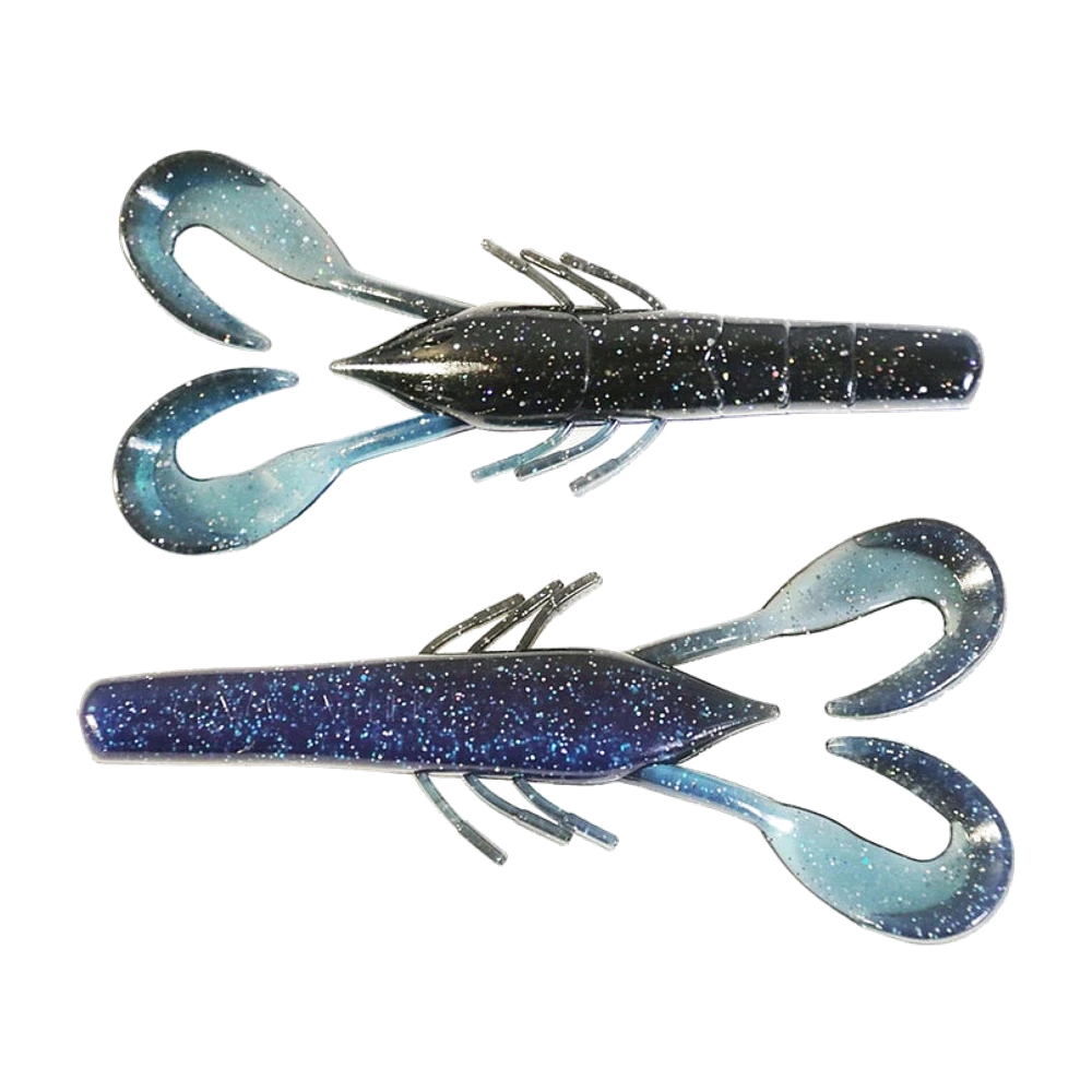 Deux Missile Baits Craw Father nus posés à plat, corps fin noir et violet pailleté argent, pinces enroulées en virgule bleu clair pailleté, trois paires de pattes fines