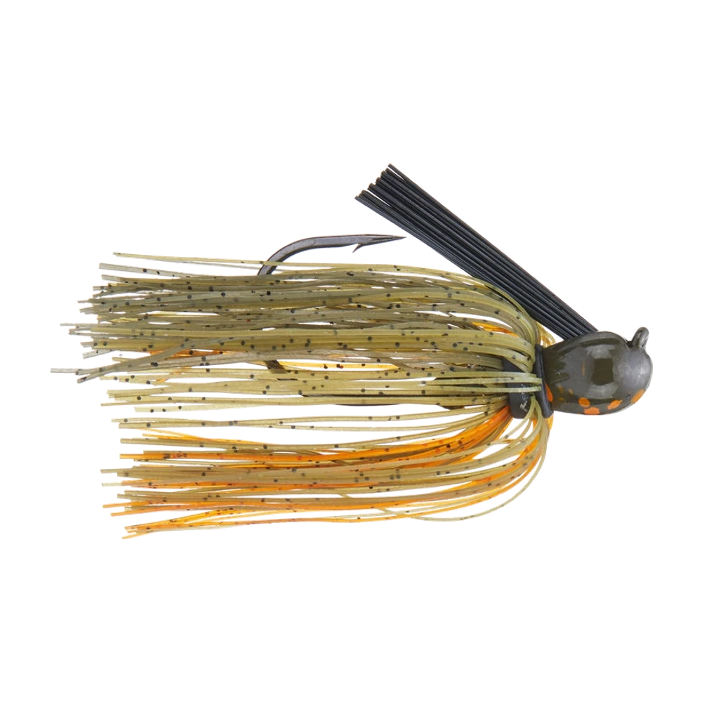 Missile Baits Ike's Mini Flip Flipping Jig, tête compacte vert olive mouchetée d'orange, monobrin fibre noir incliné vers l'arrière, hameçon fort apparent, jupe finement découpée vert pumpkin pailleté noir et brins orange