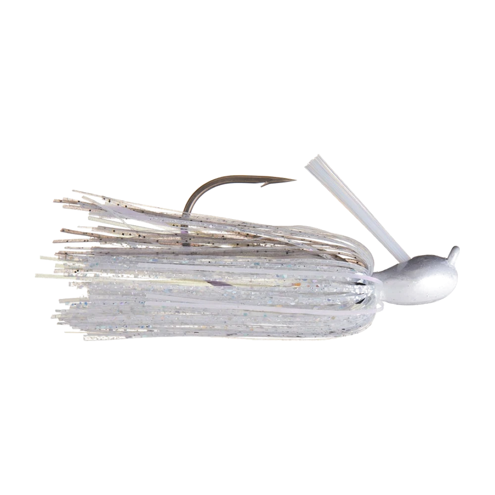 Missile Baits Ike's Monster Jig ohne Trailer, Silikonrock in Perlweiß mit Silberglitter, weißer Glitterkopf und aufgestellte weiße Faserbürste vor einem einzelnen großen Einzelhaken