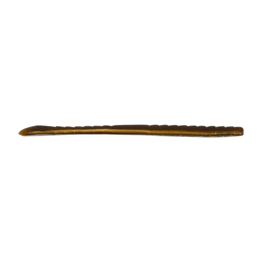 Missile Baits Magic Worm, worm droit à corps annelé, dos brun foncé et ventre ambré translucide avec paillettes noires vers la queue, nez arrondi et pointe effilée