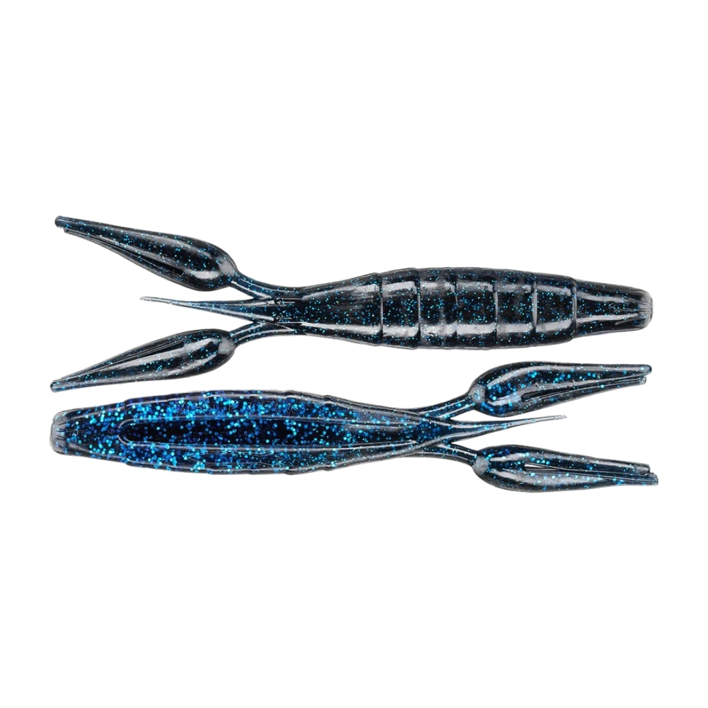 Deux Missile Baits Missile Craw coloris noir à paillettes bleues, corps annelé mince, tête pleine arrondie, deux pinces plates nervurées et deux fines antennes, dont un exemplaire montré sur le dos avec la fente longitudinale
