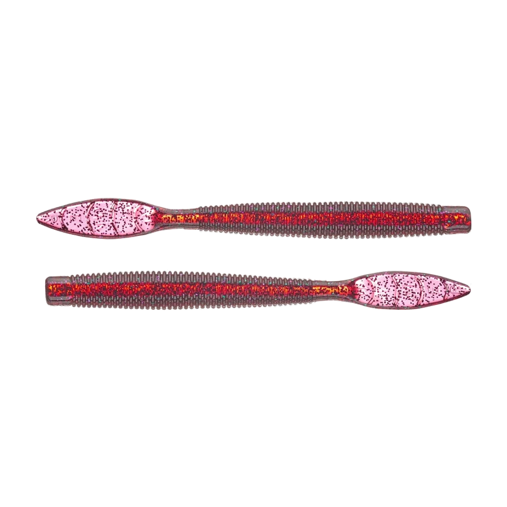 Deux Missile Baits Quiver Worm, corps annelé brun violacé avec une bande de paillettes rouges et orange, terminé par une palette plate très fine rose translucide à paillettes noires