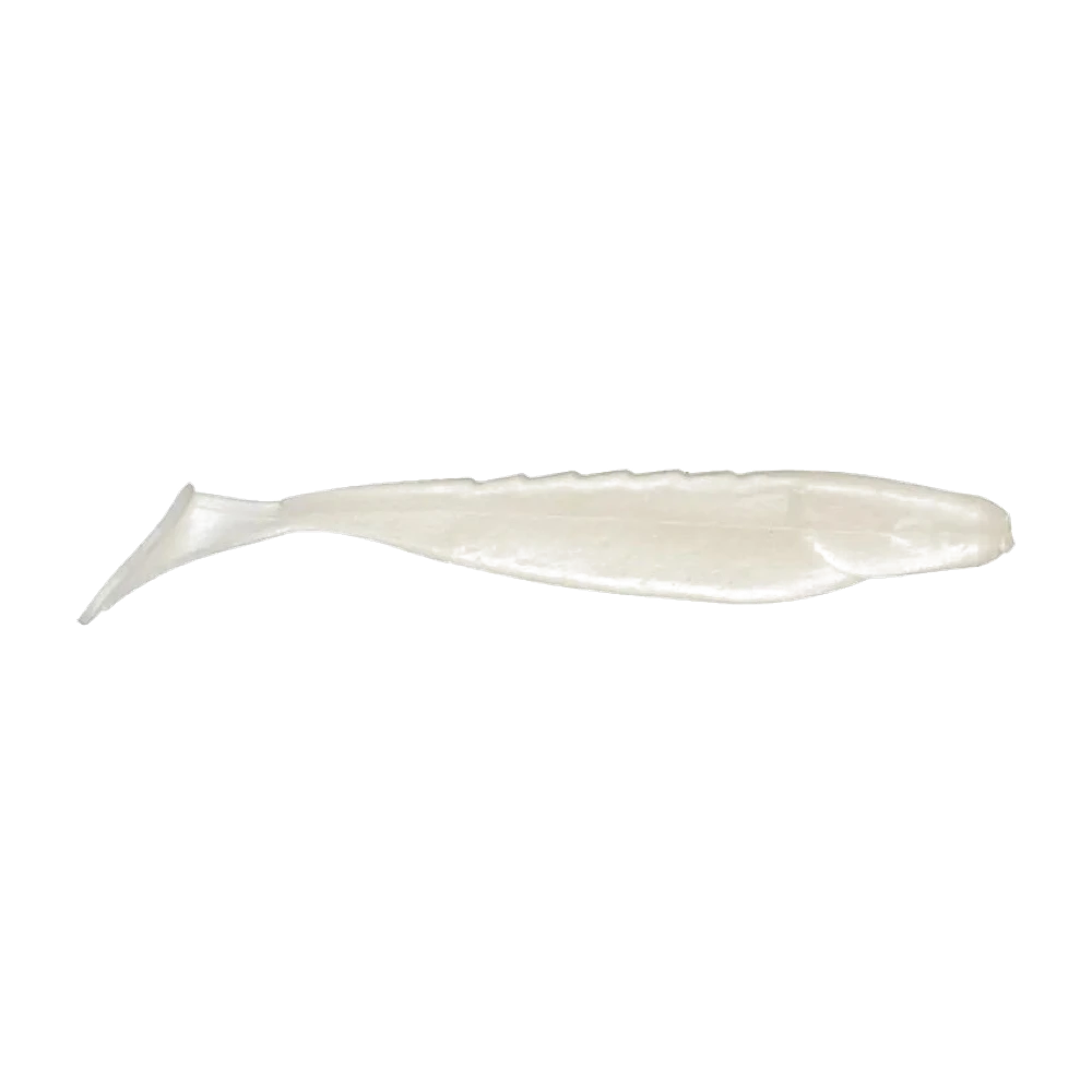 Missile Baits Shockwave blanc nacré photographié nu, shad souple à corps plat, dos légèrement dentelé et fine queue paddle sur un pédoncule étroit