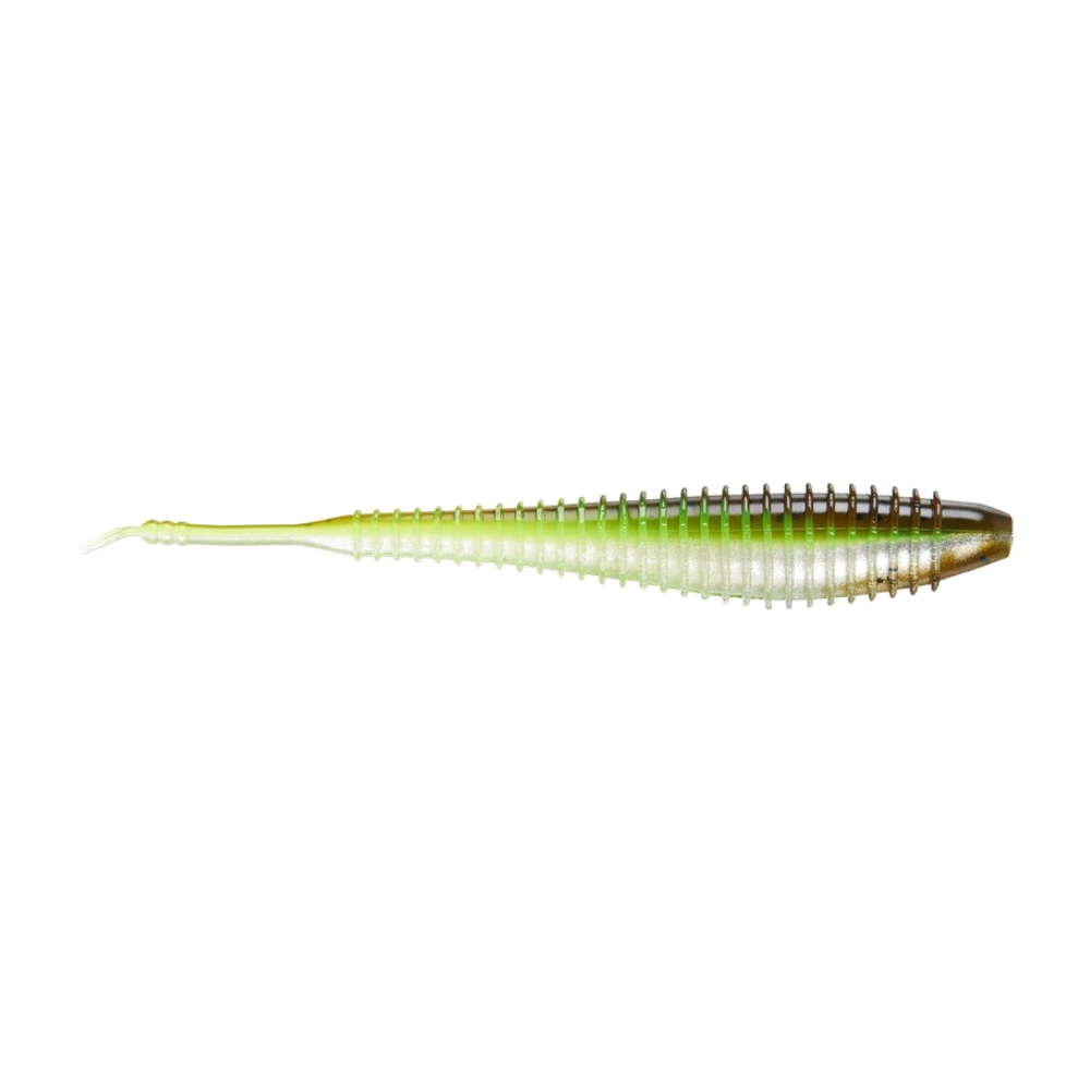 Missile Baits Spunk Shad photographié nu, corps annelé sur toute sa longueur, dos brun pailleté, flanc chartreuse, ventre blanc nacré et fine queue pintail