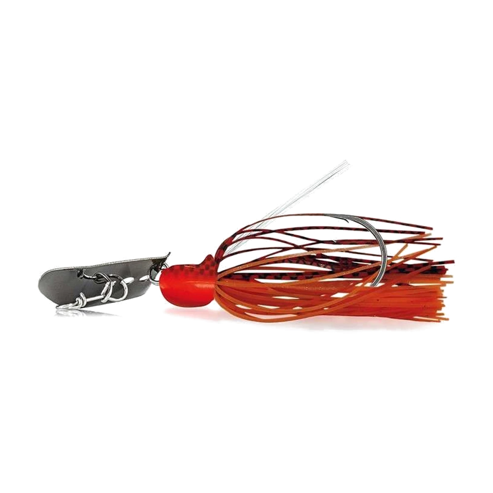 Molix Compact Blade Jig coloris orange/marron, tête moulée et palette shovel en métal brossé, jupe siliconée fine