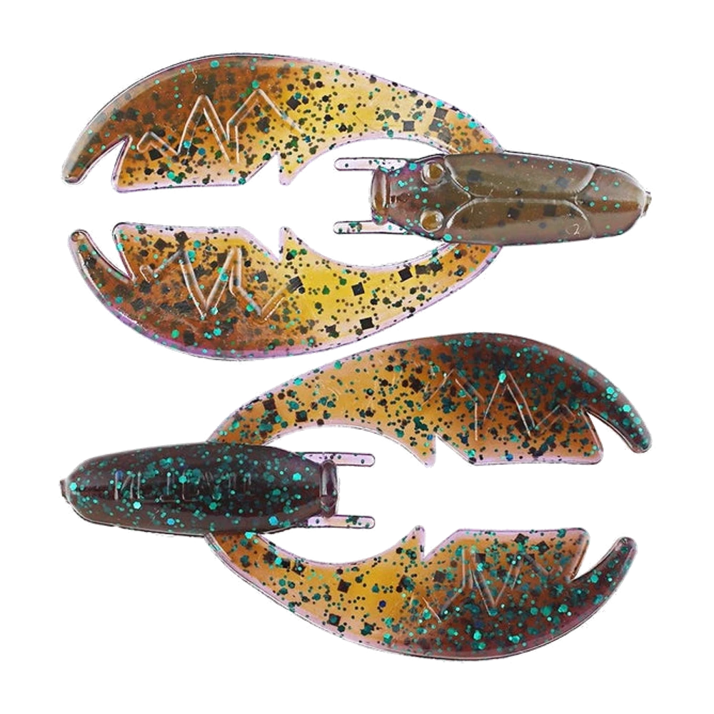 Due NetBait BaitFuel Paca Chunk appoggiati di piatto, corpo corto verde oliva con glitter turchese e due piccole antenne biforcute, e due grandi chele piatte ambrate traslucide con glitter nero e verde e bordo interno dentellato