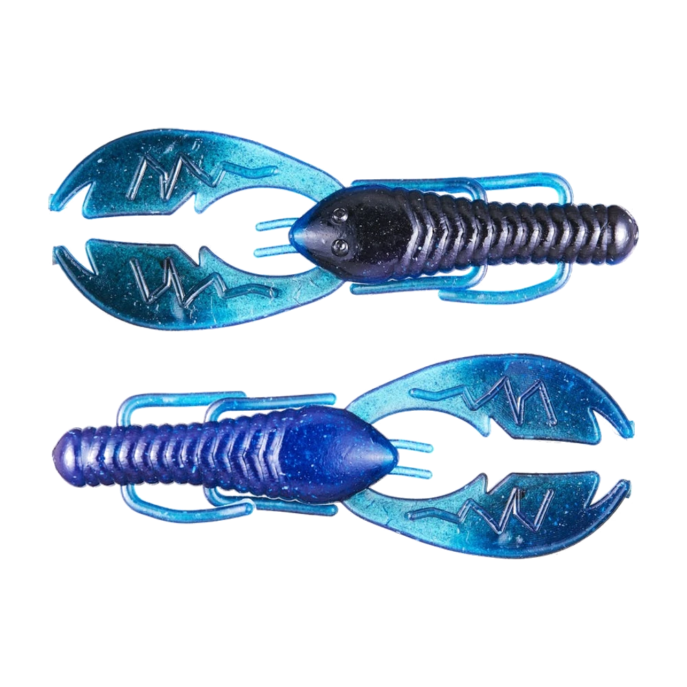 Deux NetBait BaitFuel Paca Slim Craw nus, corps annelé noir-violet pailleté et grandes pinces plates bleu translucide nervurées, sans hameçon monté