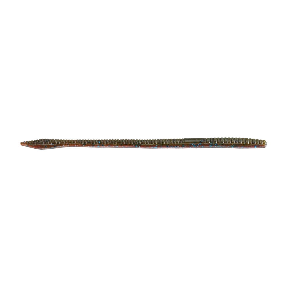 Nackter NetBait BaitFuel T-Mac Worm 6.5, gerader Weichplastikwurm mit geringeltem Rücken in Green Pumpkin und durchscheinendem rotbraunem Bauch voller großer blauer Glitter, ohne Haken