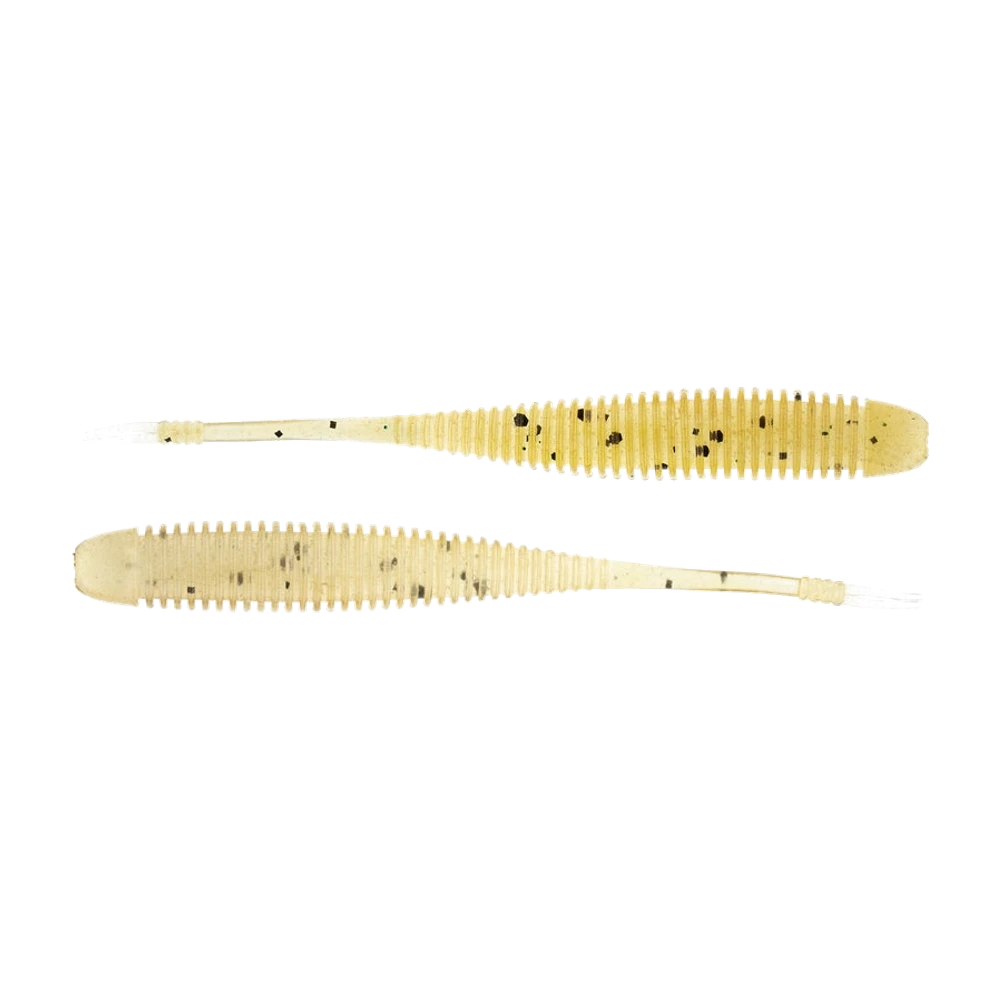 Deux NetBait STH BaitFuel Flat Sided Shad nus, corps beige translucide moucheté de noir, tête épaisse arrondie, flancs fortement annelés et queue fourchue à deux brins fins presque incolores, sans hameçon