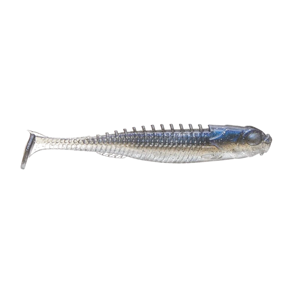 Northland Eye Candy Paddle Shad coloris bleu pailleté sur flancs nacrés translucides, dos garni d'une rangée de petits picots, flancs annelés, gros œil moulé et queue paddle très fine sur un pédoncule pincé
