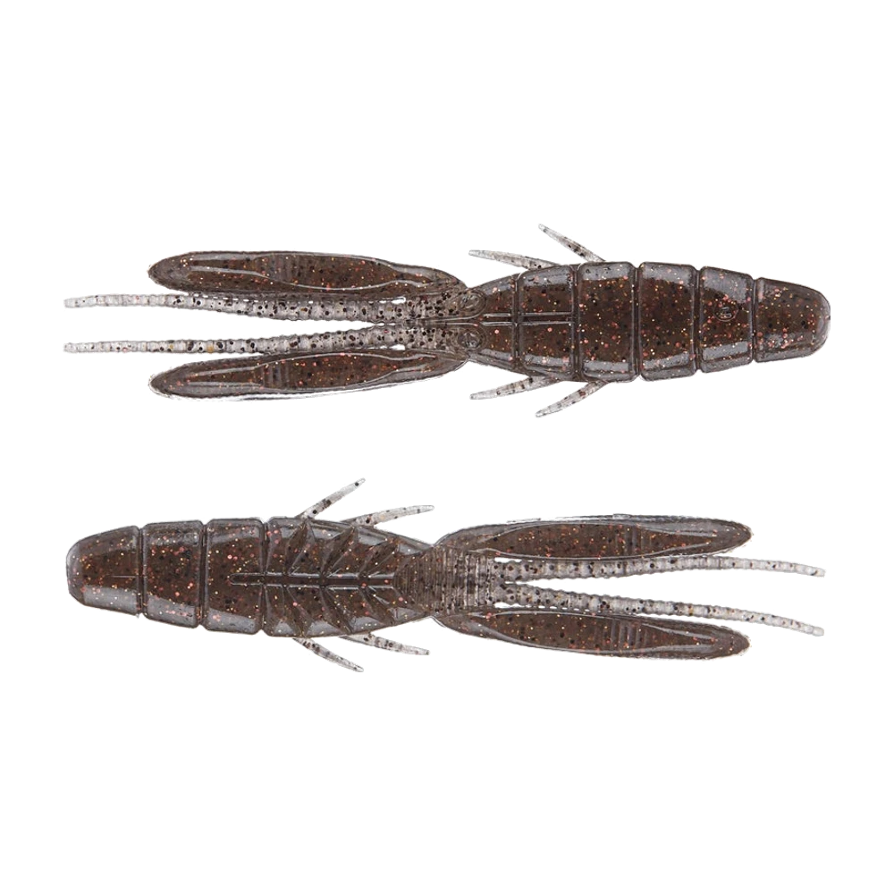 Deux O.S.P DoLive Beaver coloris brun cuivré pailleté sur fond translucide fumé, vus de dos et de ventre, avec deux grandes pinces plates en forme de lance, deux longues antennes fines et de petites pattes latérales claires