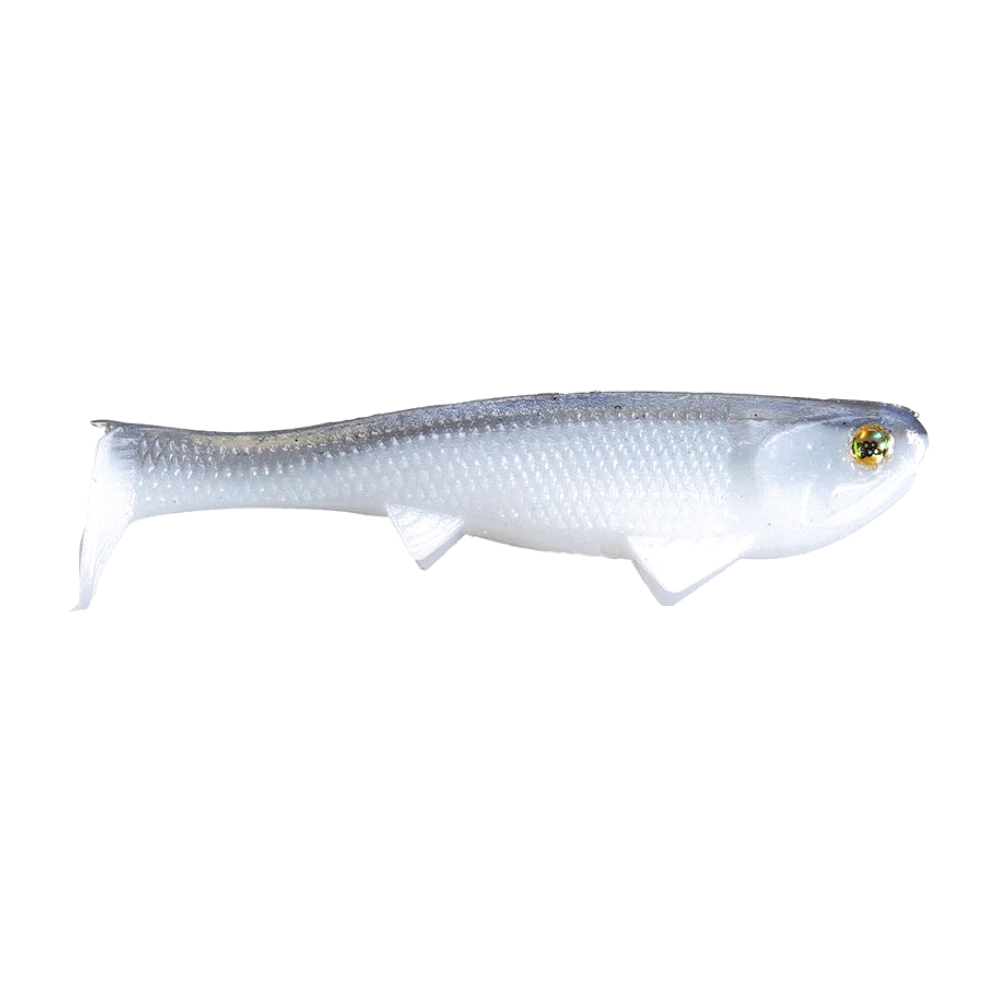 Optimum Boom Boom Weedless Swimbait coloris blanc nacré à dos gris bleuté moucheté, corps souple nu sans hameçon, écaillage moulé, nageoires pectorale et anale, queue paddle, œil holographique doré