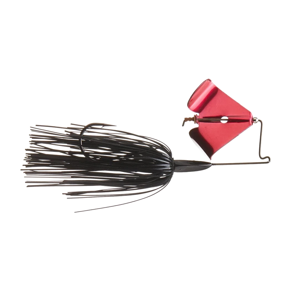Picasso Rusty Squeaker Buzzbait à jupe noire et tête noire, lame de buzz rouge métallisée à deux ailes, rivet brun oxydé bien visible, hameçon simple ressortant au-dessus de la jupe
