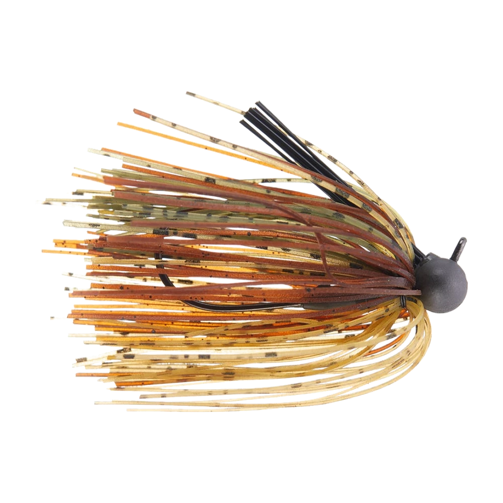 Queen Tackle Tungsten Finesse Peanut Football Jig, kleiner mattschwarzer Rundkopf mit flacher Öse, dünner Skirt in Braunorange, Blassgrün und Beige mit schwarzen Sprenkeln, feiner schwarzer Faser-Krautschutz