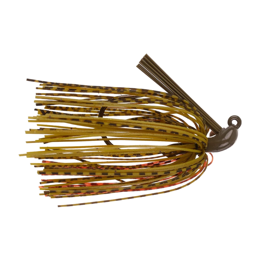 Queen Tackle Tungsten Flipping Jig, tête arquée peinte vert olive avec anneau sur le dessus du nez, jupe silicone plate jaune-olive barrée de brun et de quelques brins orange, bavure en fibres brunes, hameçon entièrement masqué par la jupe