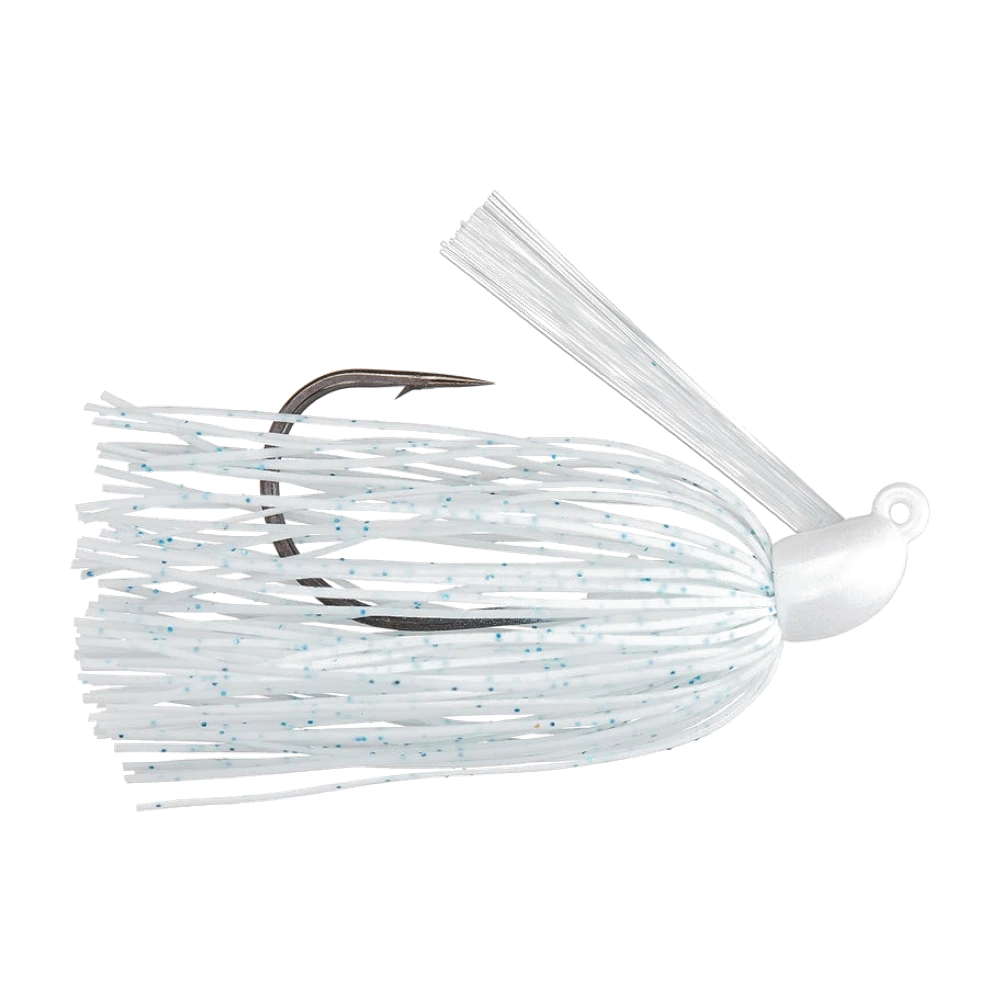 Queen Tackle Tungsten Swim Jig, gerundeter konischer Kopf in mattem Weiß mit Öse oben, weißer Silikonrock mit blauen Sprenkeln, durchscheinender Faserbügel, Einzelhaken mit offener Spitze über dem Rock