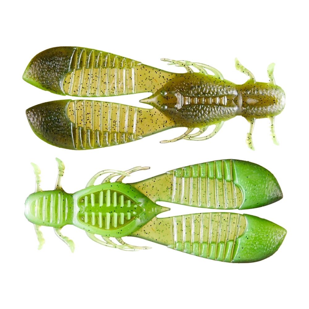 Deux Raid Japan Egu Chunk, l'un vu de dos en vert olive à paillettes noires avec texture granuleuse, l'autre vu de ventre en chartreuse avec panneau ventral nervuré, grosses pinces plates nervurées et fines pattes recourbées, leurres photographiés nus sans hameçon