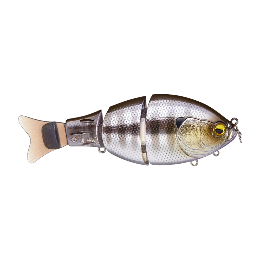 Raid Japan G-Dash Swimbait, corps rigide à flancs plats en quatre segments, livrée gris argenté à fines écailles losangées, joue dorée texturée, œil 3D à iris jaune, nageoires translucides ambrées vissées, anneau de tête et trois porte-hameçons ventraux, aucun hameçon monté