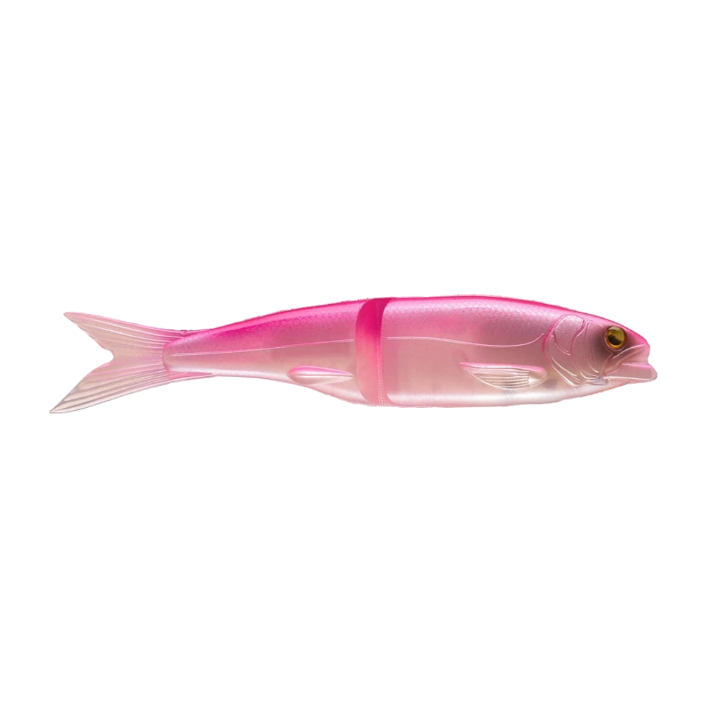 Raid Japan Osakana Slide 170, swimbait souple articulé rose nacré translucide à dos rose soutenu, queue fourchue, photographié nu sans hameçon ni plomb
