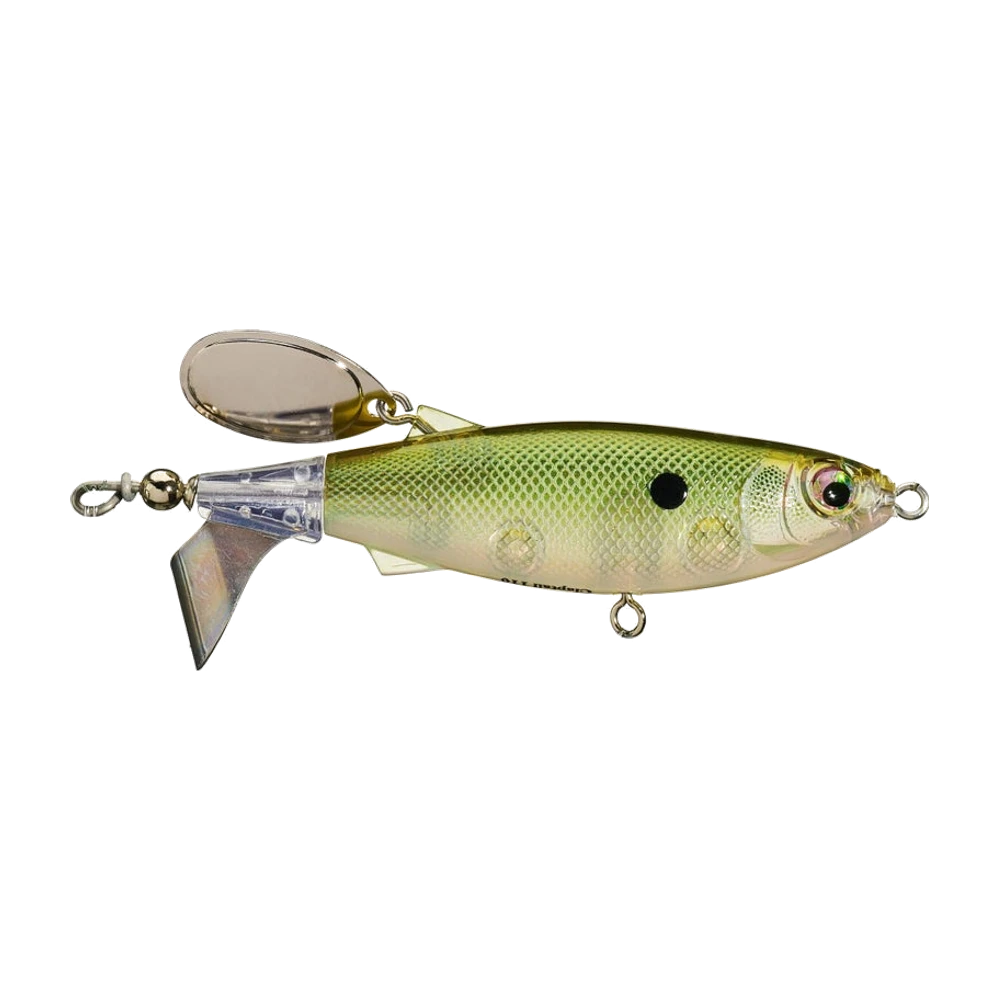 Rapala Claptail 110 in grün-chartreusefarbenem Weißfischdekor mit perligen Flanken, verchromter Propeller über dem transparenten Schwanzteil und verchromtes Schleppblatt, ohne Drillinge fotografiert