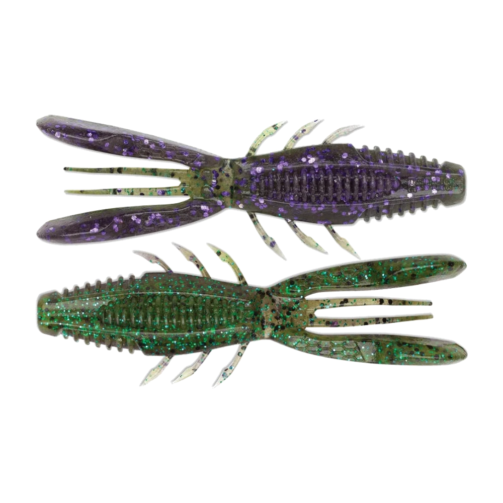 Dos Rapala Crush City Bronco Bug vistos desde arriba, uno green pumpkin con purpurina verde y otro morado con purpurina plateada, cuerpo nervado, seis patitas, dos grandes apéndices planos y dos antenas finas en la parte trasera