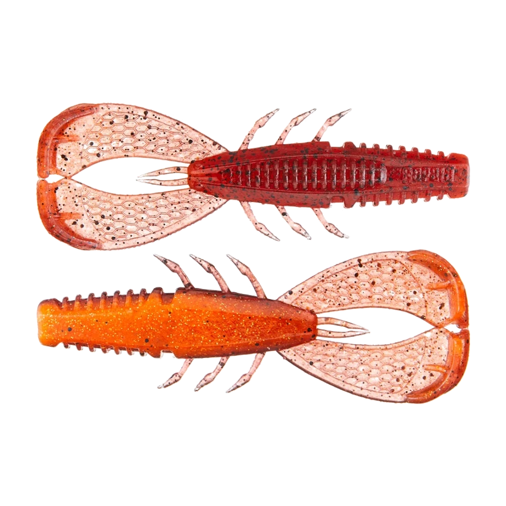 Deux Rapala Crush City Cleanup Craw vus de dessus, un rouge foncé moucheté de noir et un orange pailleté, corps fortement nervuré, six pattes, deux antennes et deux larges pinces plates nervurées à bord renforcé
