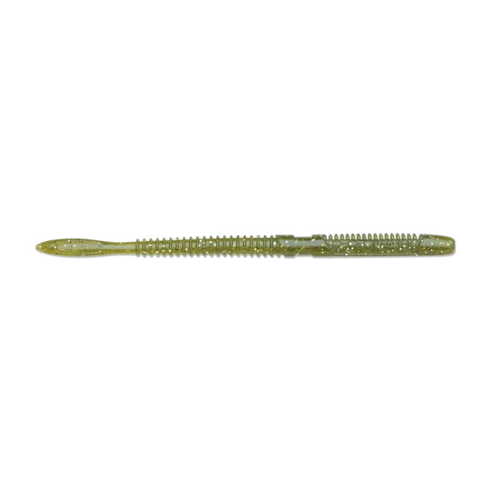 Rapala Crush City Janitor Worm vert olive translucide à paillettes dorées et cœur clair, corps droit annelé, queue effilée en lance et gorge lisse réservée à l'anneau près de la tête