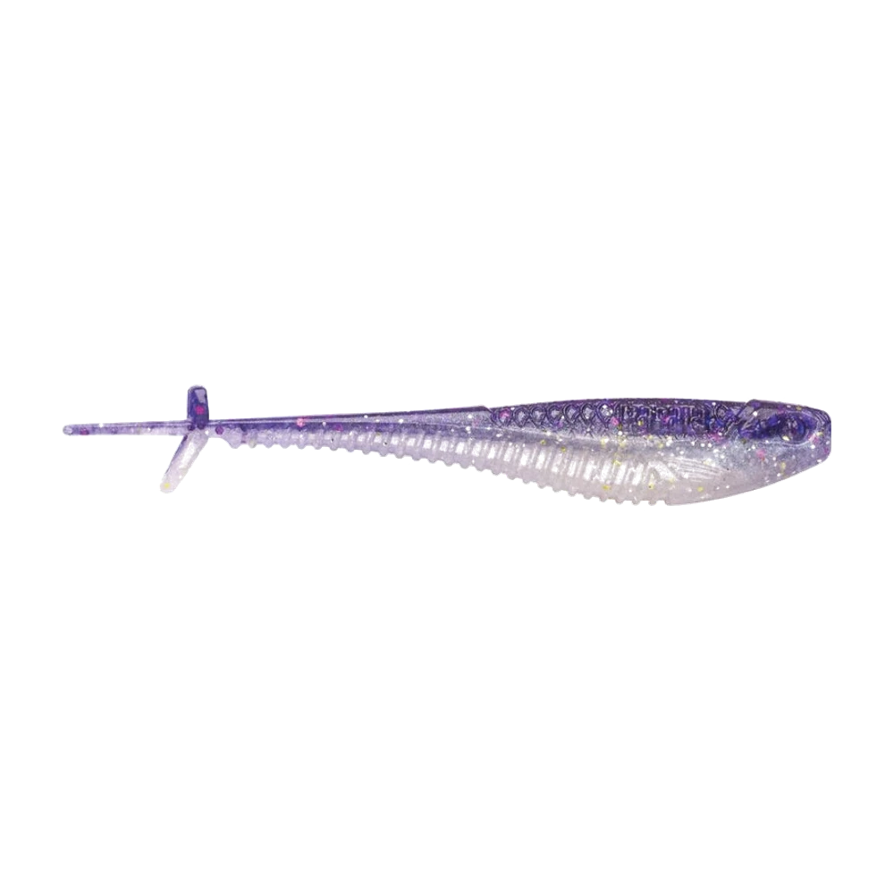 Rapala Crush City Mooch Minnow viola glitterato con ventre perla, corpo piatto con scaglie stampate e lunga coda filiforme con una piccola aletta