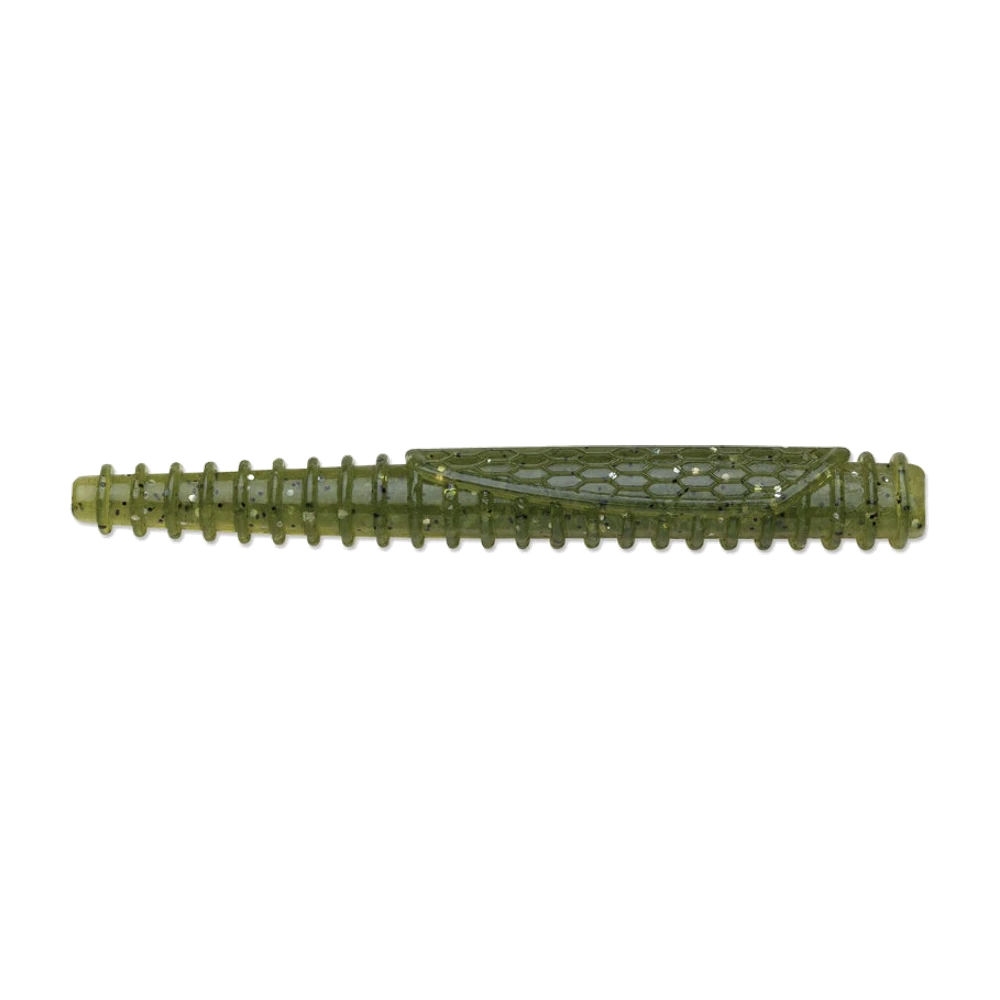 Rapala Crush City Ned BLT coloris green pumpkin pailleté noir et argent, stick cerclé d'anneaux avec une large lame plate texturée en nid d'abeille sur le dessus