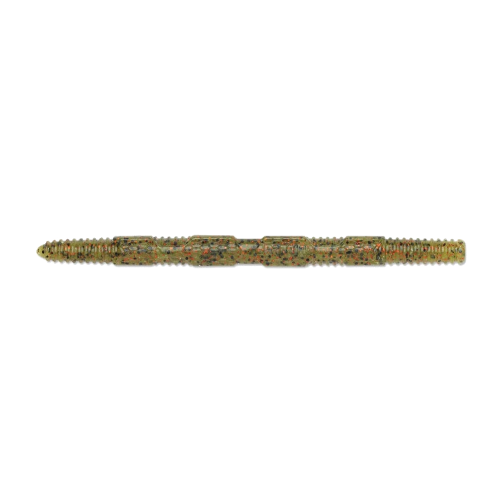 Rapala Crush City Pig Stick verde oliva con glitter rossi e neri, stick anellato per tutta la lunghezza con facce piatte stampate al centro