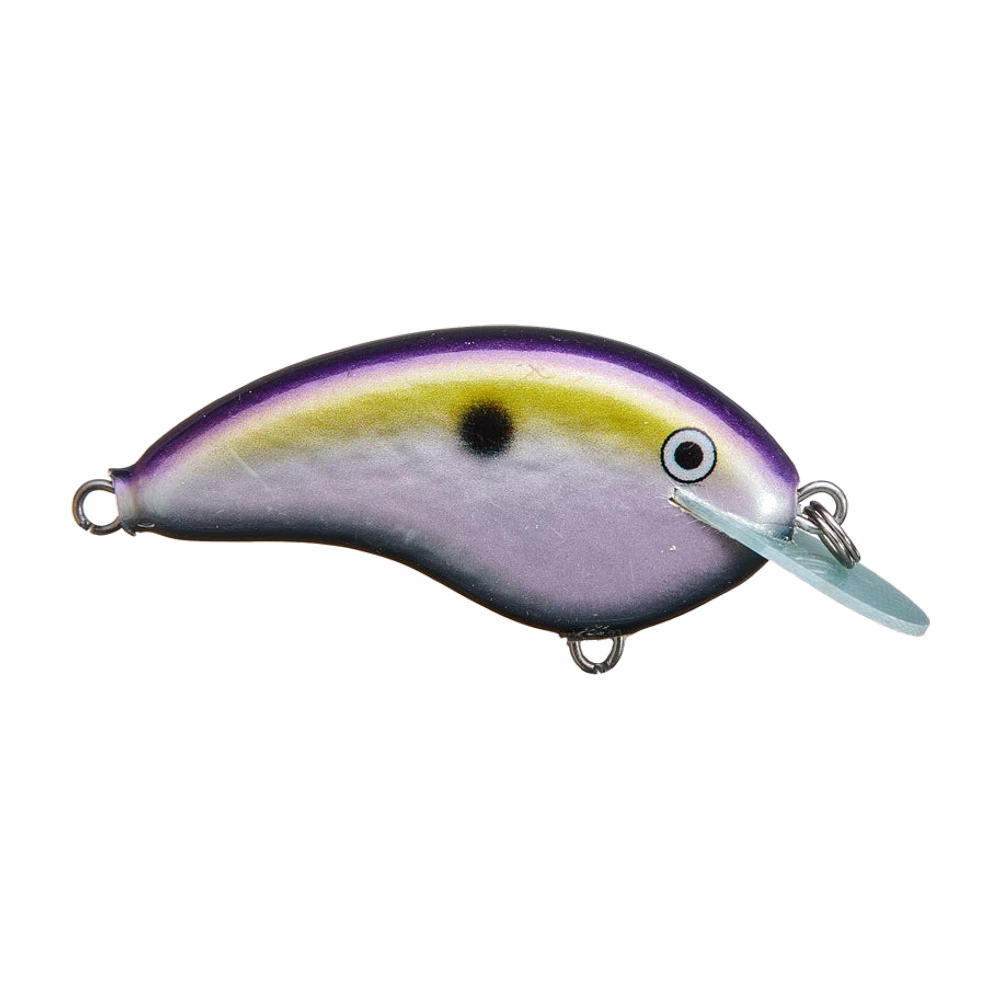Rapala OG Tiny 4 mit gewölbtem Rücken, violettem Rücken, olivfarbenem Seitenband, perlmuttfarbenen Flanken mit schwarzem Punkt, dünner durchscheinend bläulicher Tauchschaufel, ohne Drillinge fotografiert