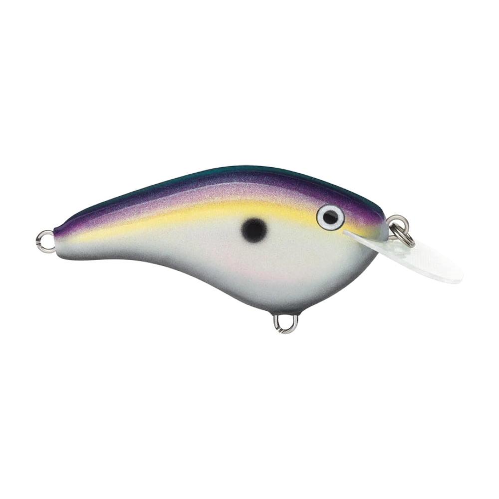 Rapala OG Slim 06 photographié sans hameçons, corps balsa à flancs plats dos bleu-vert, bande violette et liseré jaune, flancs blancs nacrés, bavette ovale blanche translucide