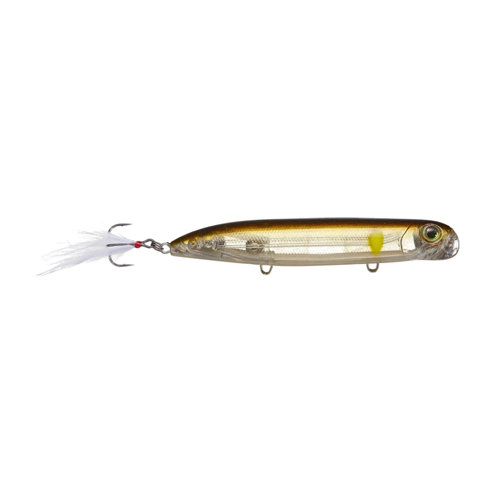 Rapala PXR Jowler 127 mit durchscheinendem Körper, goldenem Rücken und gelbem Fleck auf der Flanke, großem 3D-Auge mit grüner Iris, hinterem Drilling mit weißem Federkleid an rotem Sprengring, zwei leeren Bauchösen