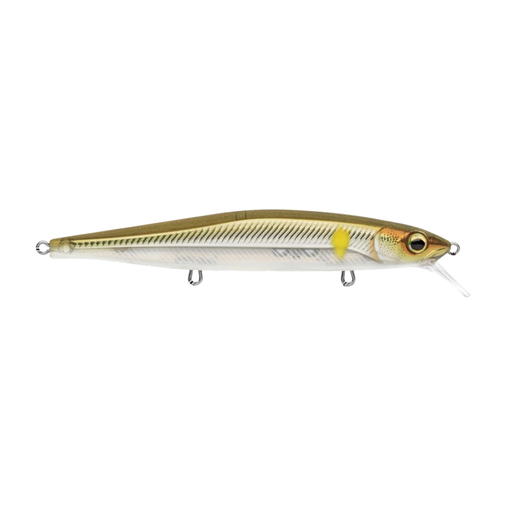 Rapala PXR Mavrik 110 au corps allongé, dos vert doré hachuré de barres sombres, flancs blancs nacrés, tache jaune derrière l'ouïe, gros œil 3D doré, bavette courte translucide, photographié sans triples